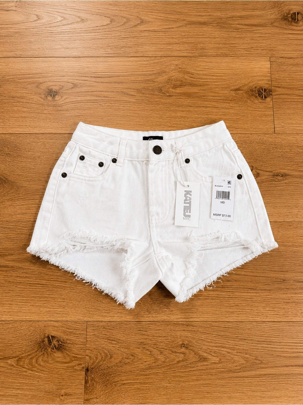 Katie J NYC White Distressed Frayed Denim Shorts